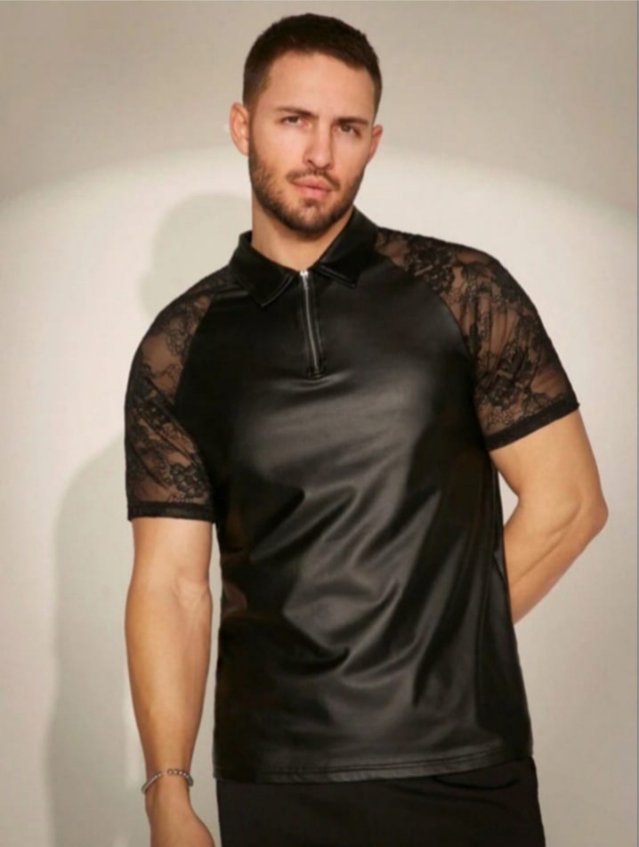 Men's Patchwork Lace Short Sleeve T - Shirts
